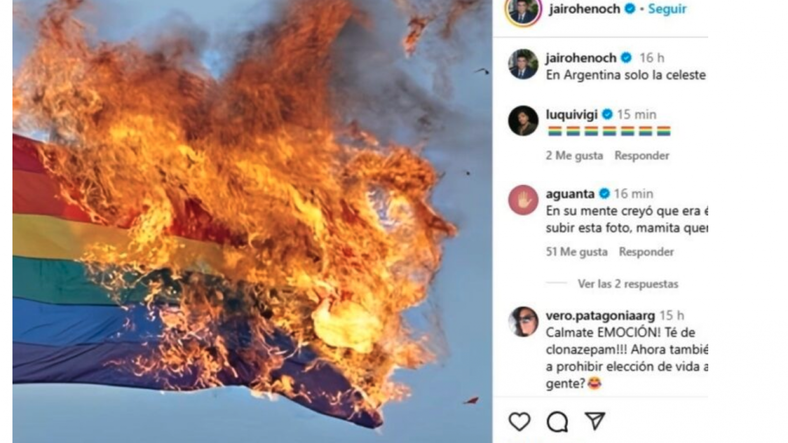 Polémica por el posteo de Jairo Henoch Guzmán: bandera LGBT incendiada y mensajes de rechazo en redes sociales