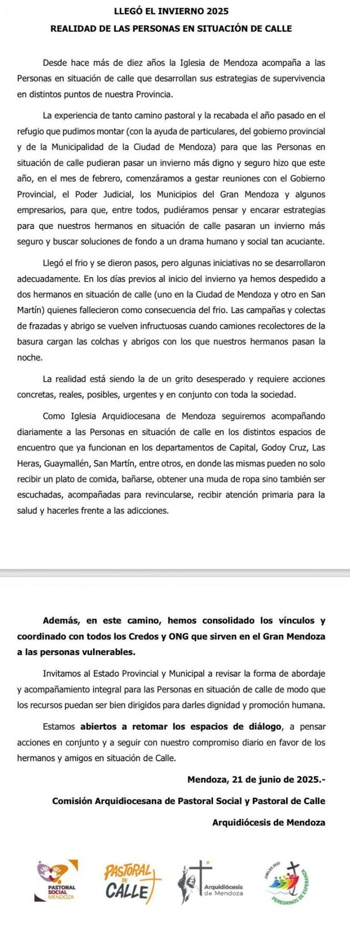 La iglesia de Mendoza se pronunció por las dos muertes de personas en situación de calle